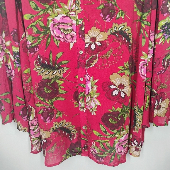 J Jill Blouse Womens Plus 2X Red Floral Boho Peasant Button Down Flowy Relaxed - Picture 2 of 12
